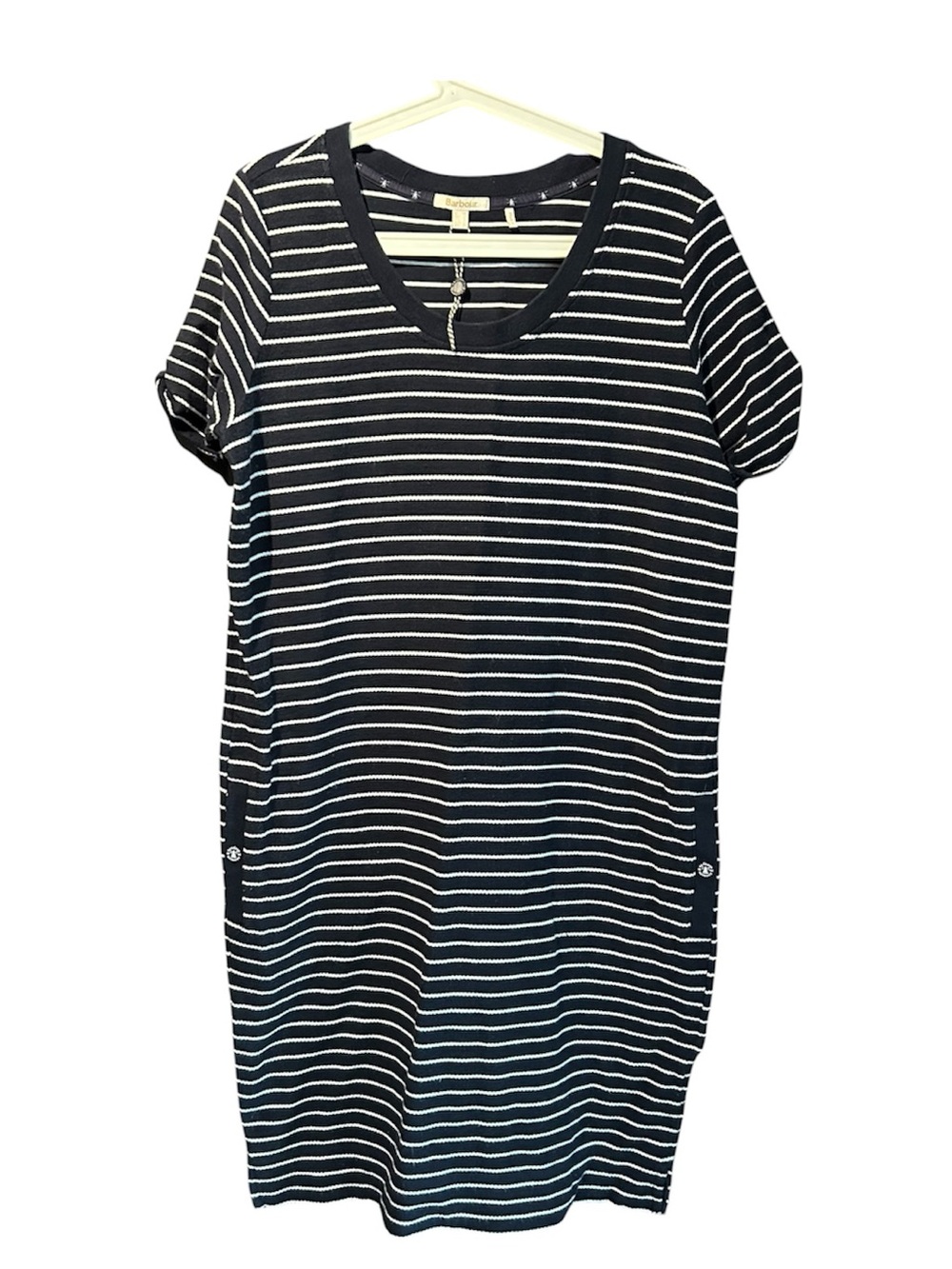 BARBOUR Striped Short-Sleeve Midi Dress in Navy & White